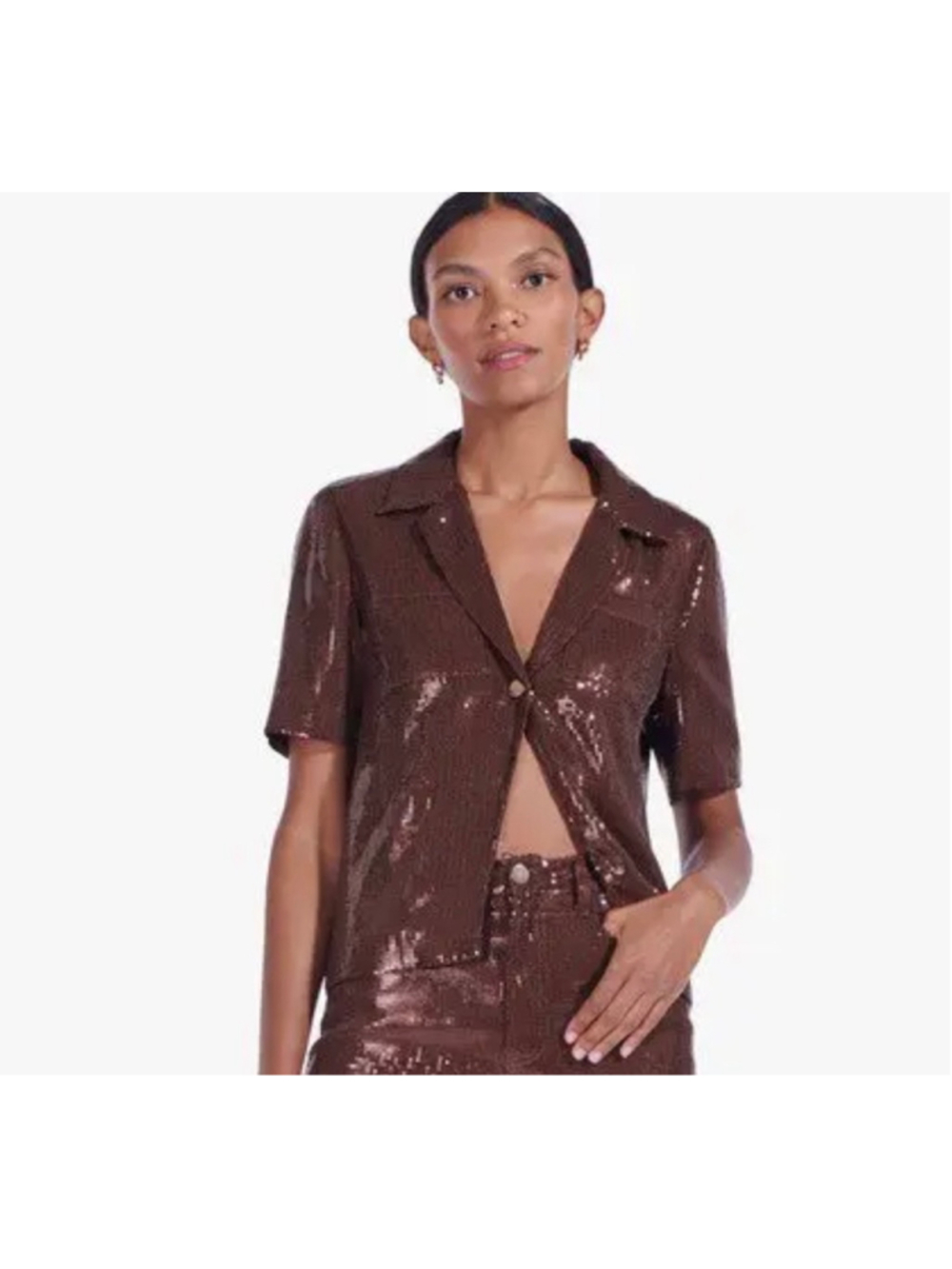 STAUD Sequin Button Down Shirt Brown Size S